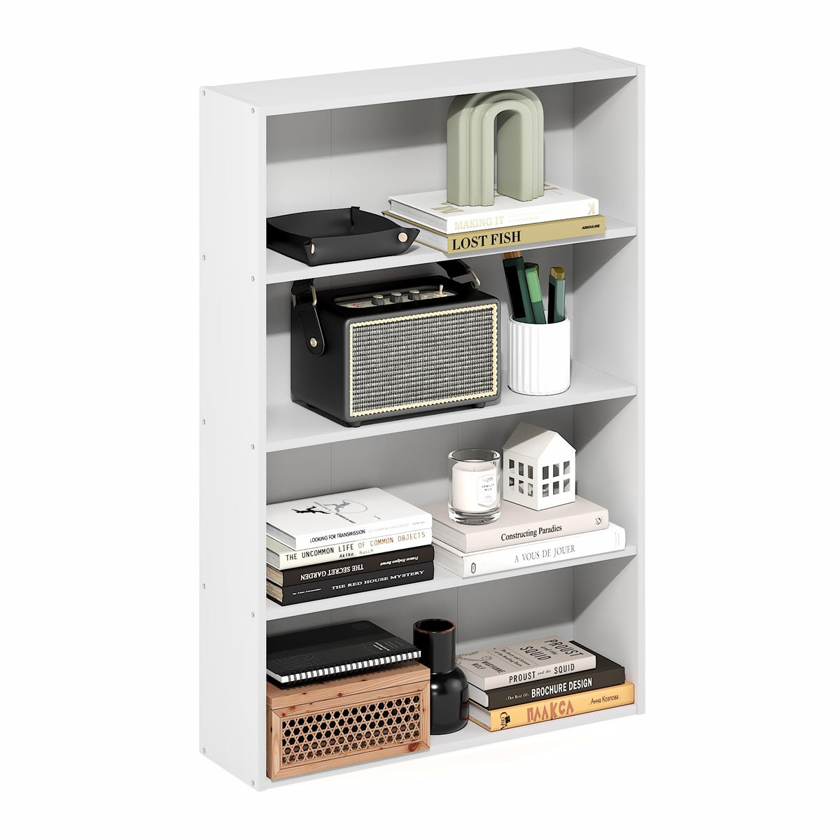 Basic Book Shelf, 4-Tier Bookcase with Open Shelf, Bookshelf, Cube Storage Organizer, 7 x 17 x 35, for Living Room, Bedroom, Home Office, White