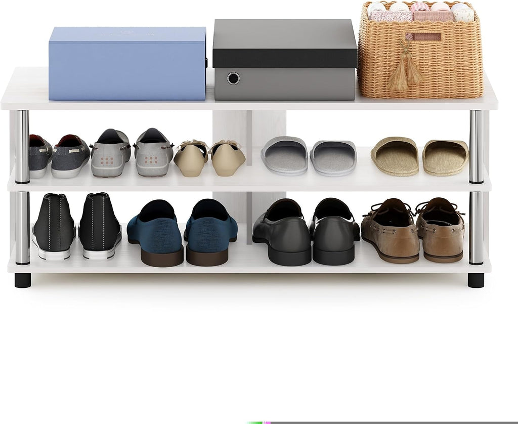 Turn-N-Tube Shoe Rack, 3-Tier Shoe Organizer, Compact Shoe Storage with Open Shelves and Stainless Steel Tubes, 15.5 x 41.1 x 15.8, for Closet Entryway, Office, Garage, White Oak