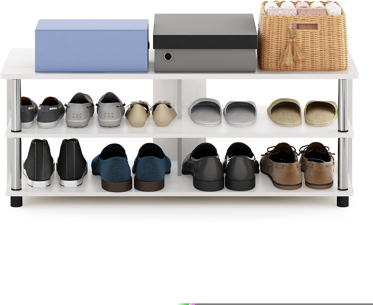 Turn-N-Tube Shoe Rack, 3-Tier Shoe Organizer, Compact Shoe Storage with Open Shelves and Stainless Steel Tubes, 15.5 x 41.1 x 15.8, for Closet Entryway, Office, Garage, White Oak