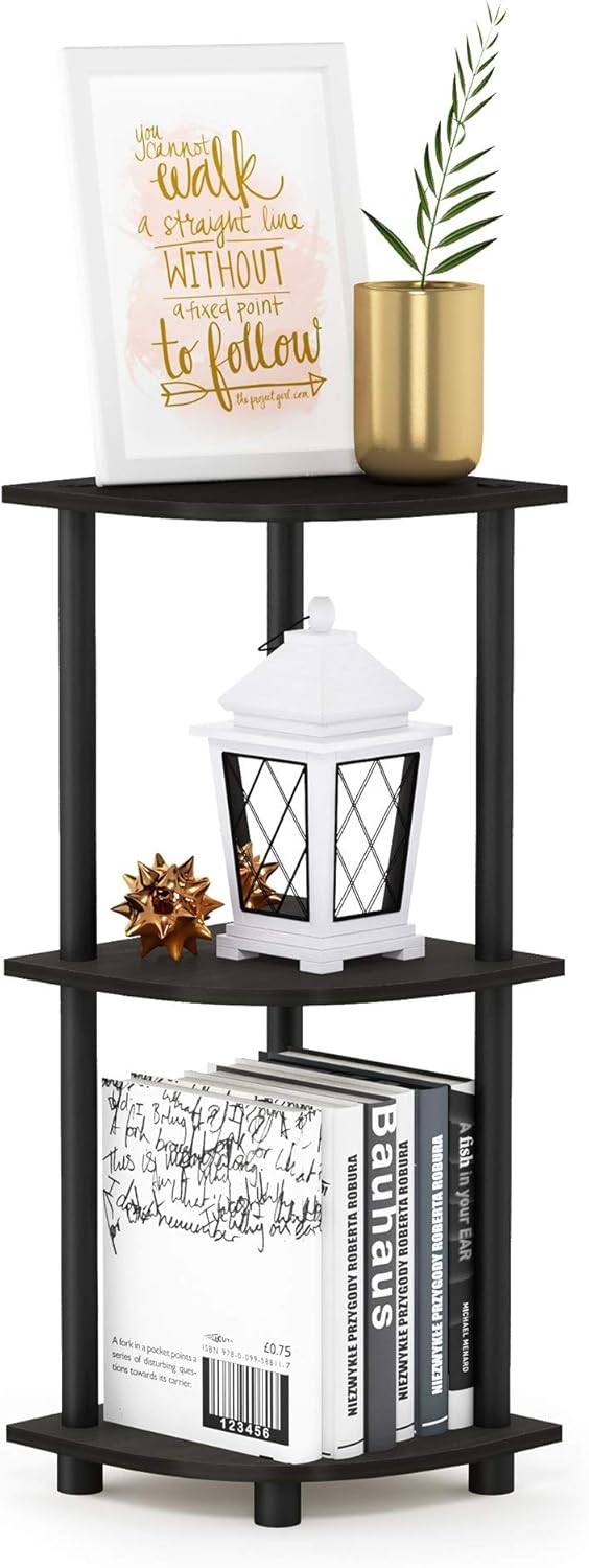 TURN-N-TUBE Corner Shelf, 3-Tier Corner Bookshelf, Display Storage Shelves with Open Shelves, for Organization and Storage, Living Room, Home Office, Garage, Espresso