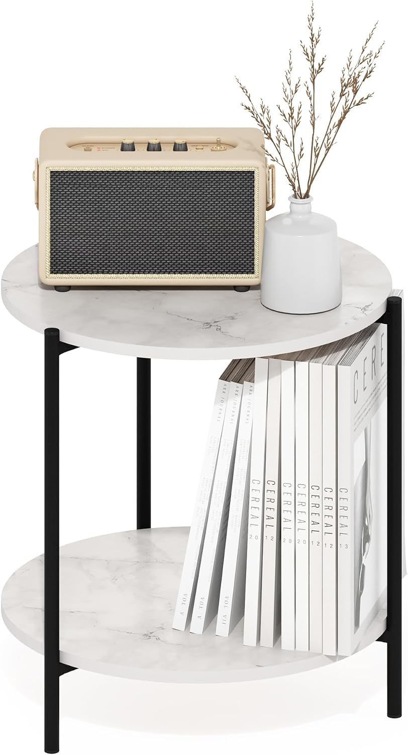 Besi 2-Tier Modern Round Side End Table with Sturdy Metal Legs, 15.55 (W) x 10.58 (H) x 5.46 (D) inches, Marble White