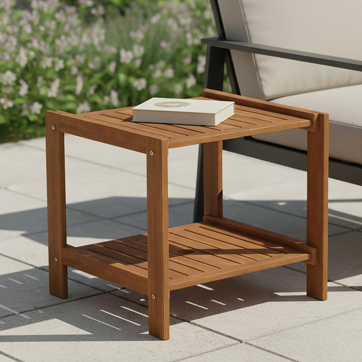 2-Tier Outdoor Patio Table with Open Shelf, Natural