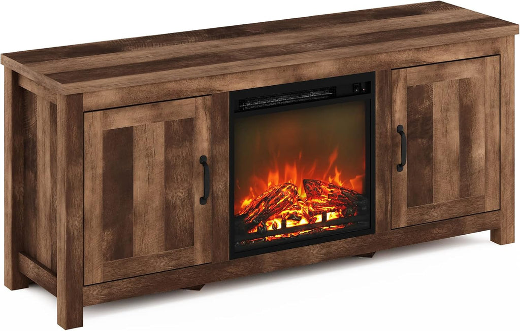 Jensen Farmhouse Barn Door Fireplace Stand with Storage Cabinet for TV up to 60 Inch, Rustic Brown