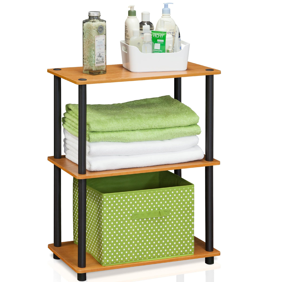 99152BE/WH/IV 3-Tier Go Green Multipurpose Storage Rack Shelving Unit Bookshelf Cabinet with 2 Bins, Beech Finish