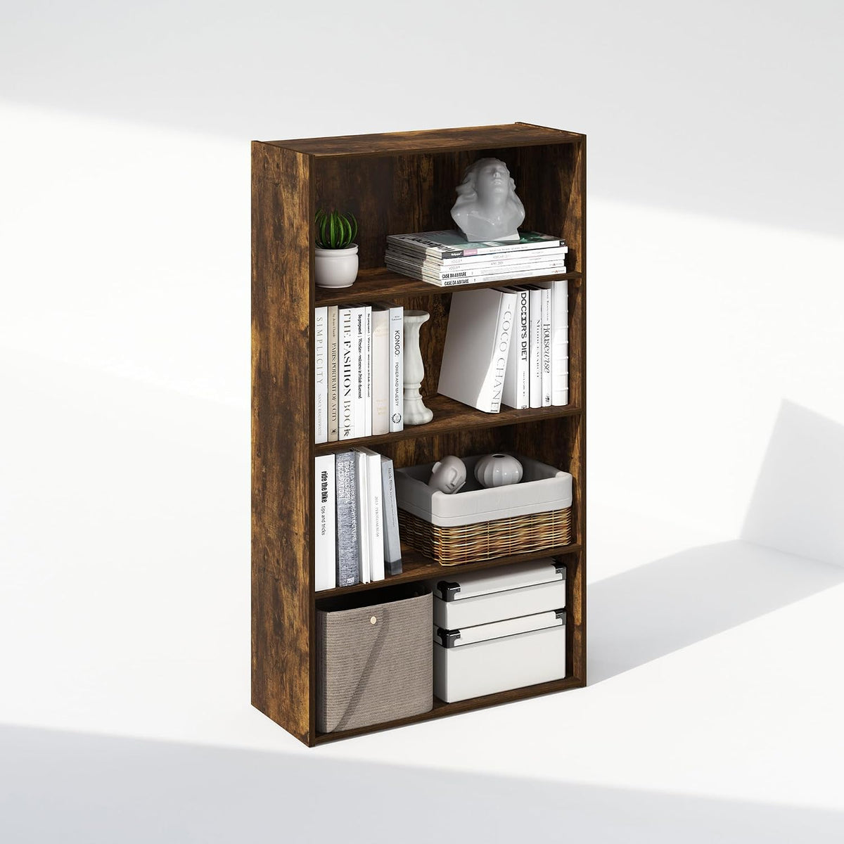 Simple Book Shelf, 4-Tier Bookshelf, Bookcase with Open Shelf, 9.4 x 23.6 x 41.7, for Living Room, Bedroom, Home Office, Amber Pine