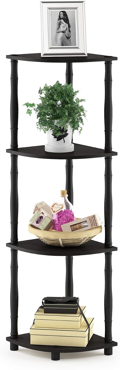 TURN-N-TUBE Toolless 4-Tier Corner Shelf, Bookshelf, Display Storage Shelves with Open Shelves, for Organization and Storage, Living Room, Home Office, Garage, Espresso