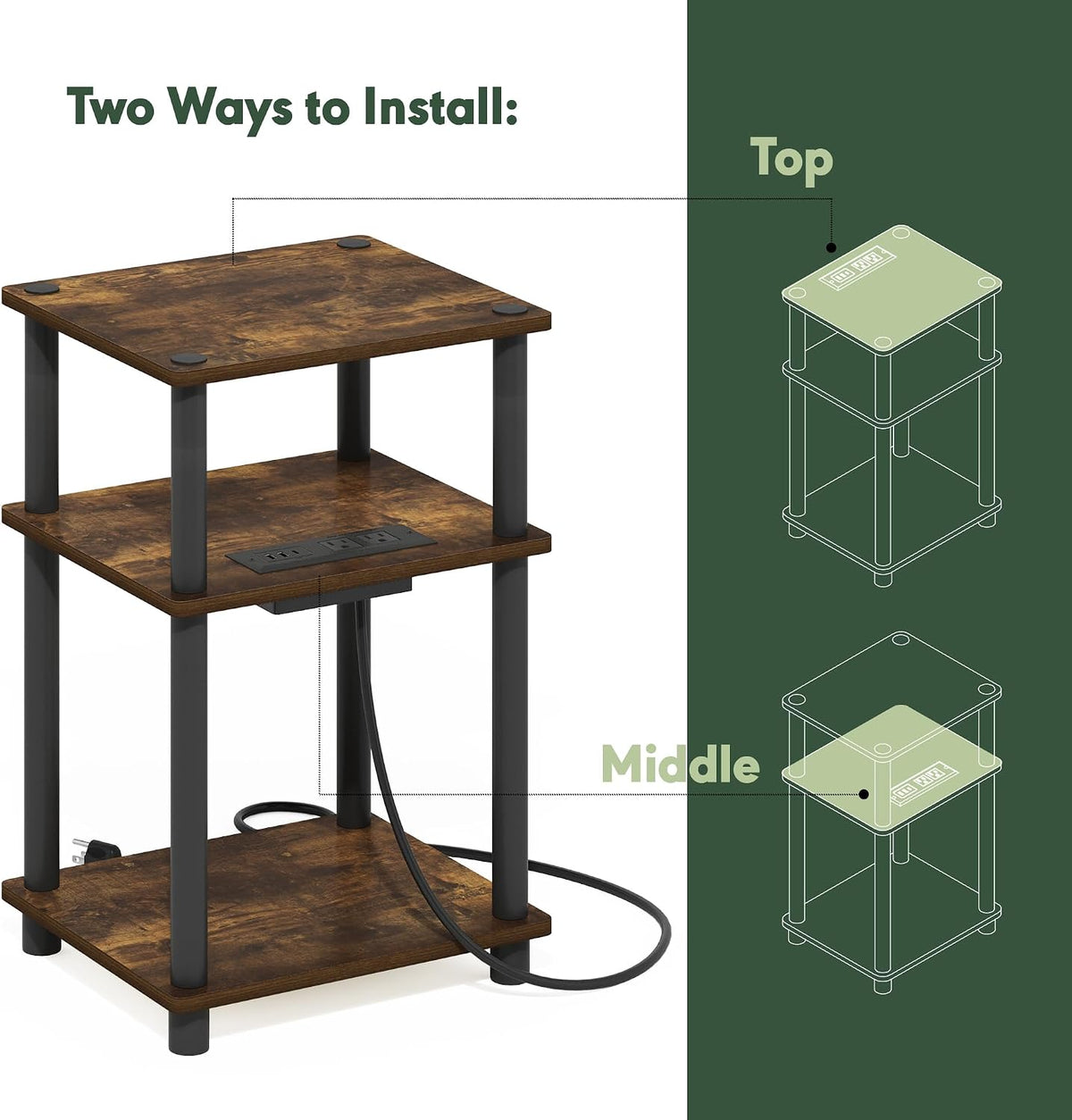 JUST Side Table Set of 2, 3-Tier Modern End Table with Charging Station, Open Shelf Night Stand, Bedside Table with USB and Type-C Port, for Living Room, Bedroom, Amber Pine