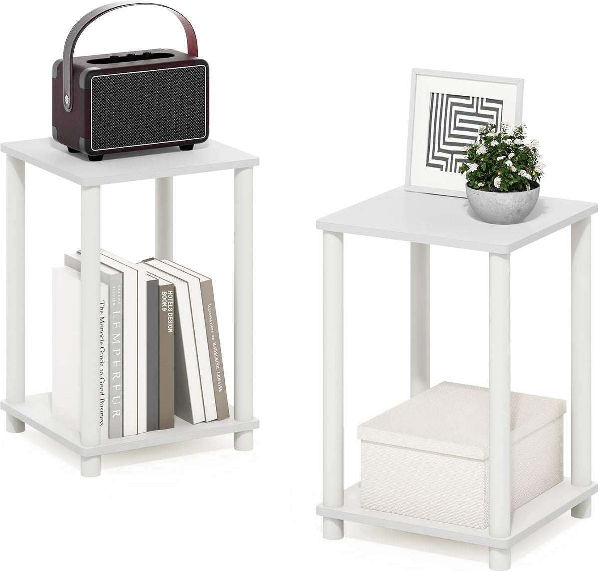 Turn-N-Tube Side Table Set of 2, 2-Tier Stackable Modern End Table with Open Shelf, Toolless Night Stand, Bedside Table, for Living Room, Bedroom, White