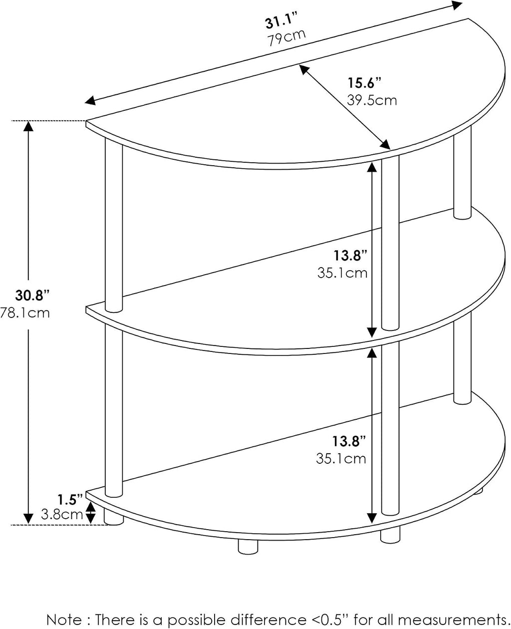Frans Turn-N Half Round Console Table with Stainless Steel Tubes, Black Oak 15.6D x 31.1W x 30.8H in