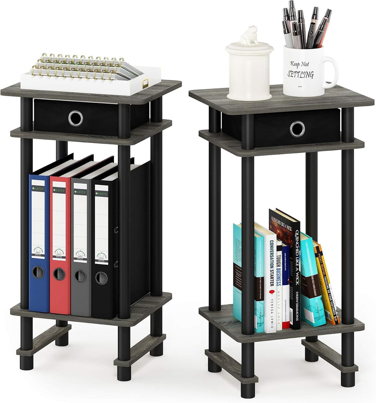 Turn-N-Tube Set of 2 Toolless 3-Tier Side Table, French Oak