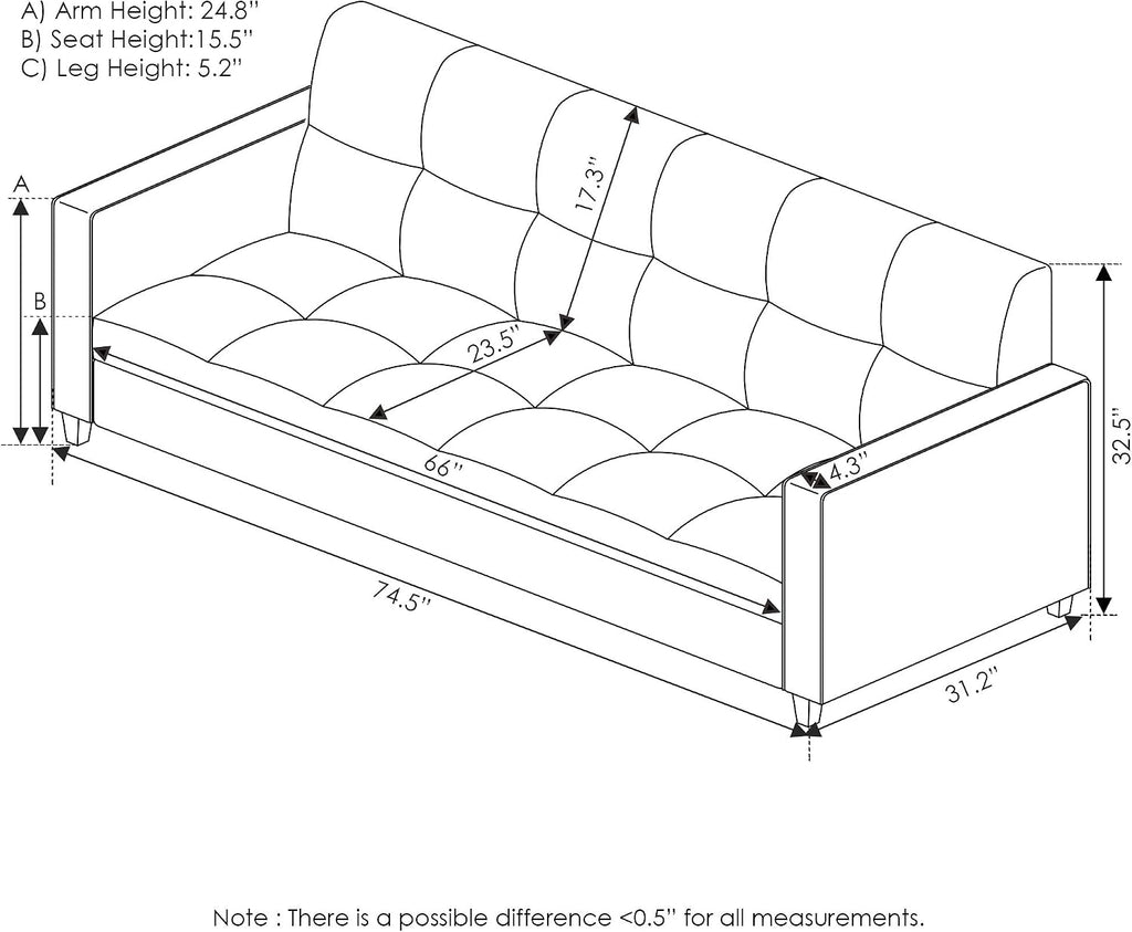 BRIVE 3-Seater Loveseat Sofa, 75" Wide, Black Faux Leather