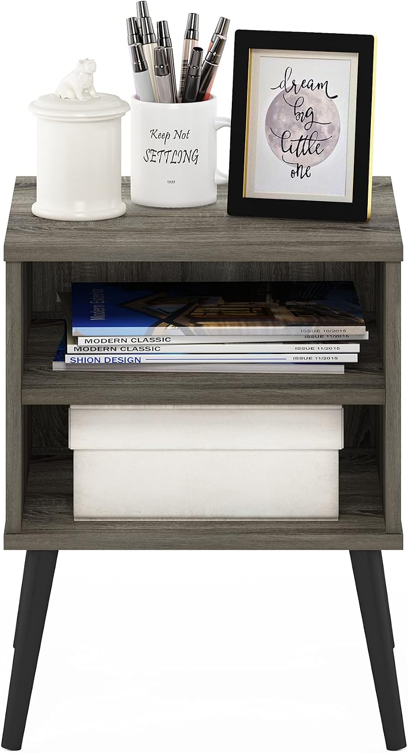 Claude Side Table, 2-Tier Square Mid-Century End Table with Wooden Legs, Open Shelf Night Stand, Bedside Table, for Living Room, Bedroom, French Oak Grey