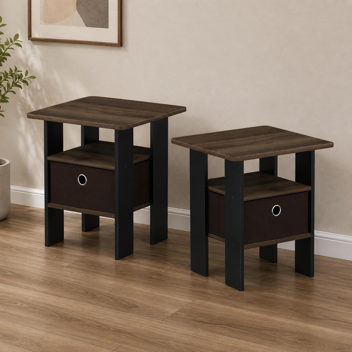 Andrey Set of 2 Side Table with Storage Bin Drawer, Grey Oak