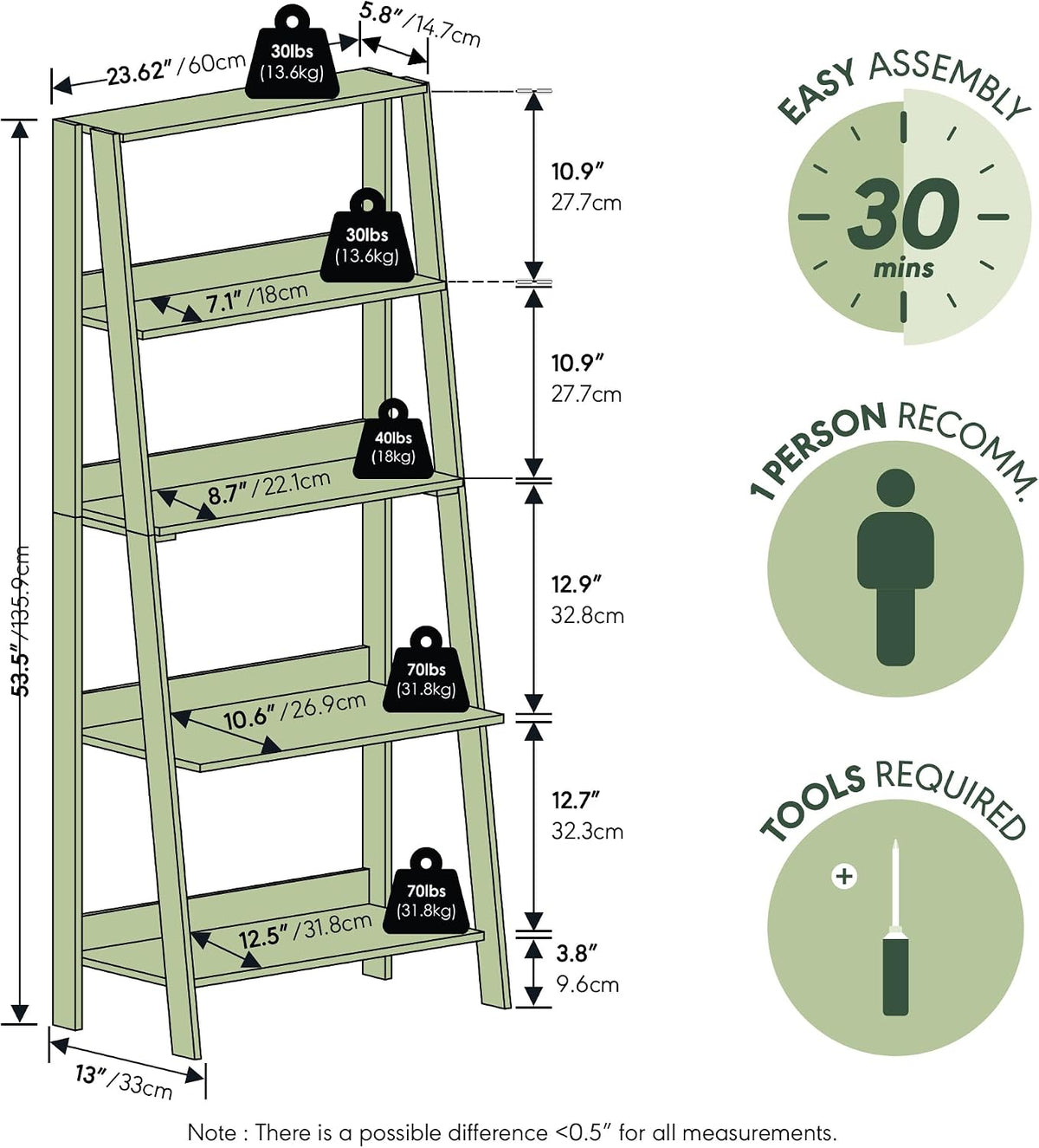 Ladder Bookcase Display Shelf, 5-Tier, French Oak