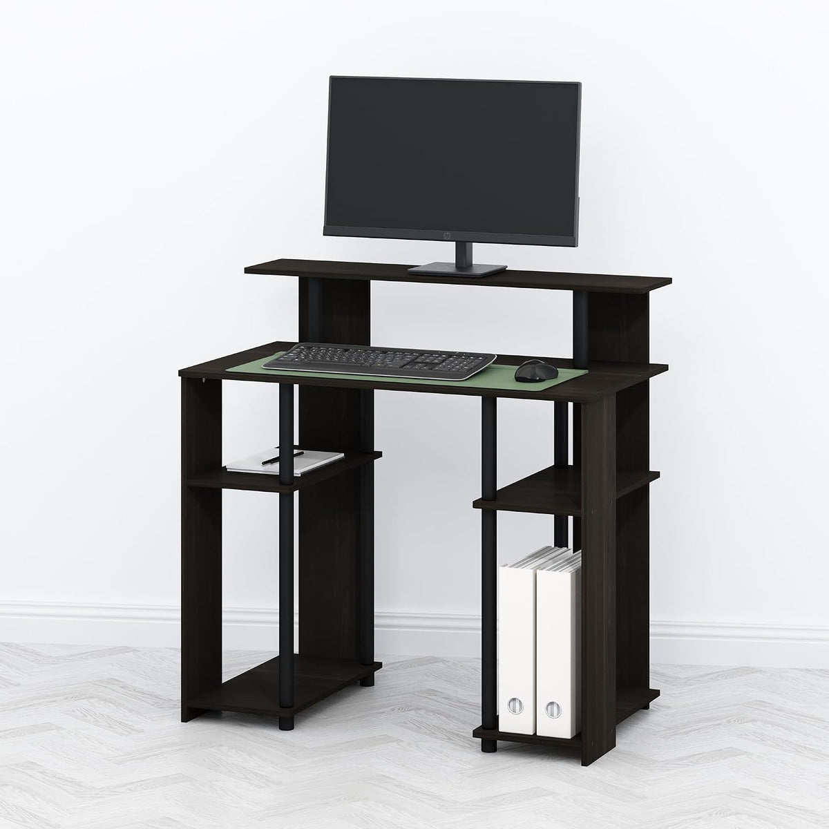 TOMI 35.3" Wide Desk with Hutch and Storage Shelves, Walnut