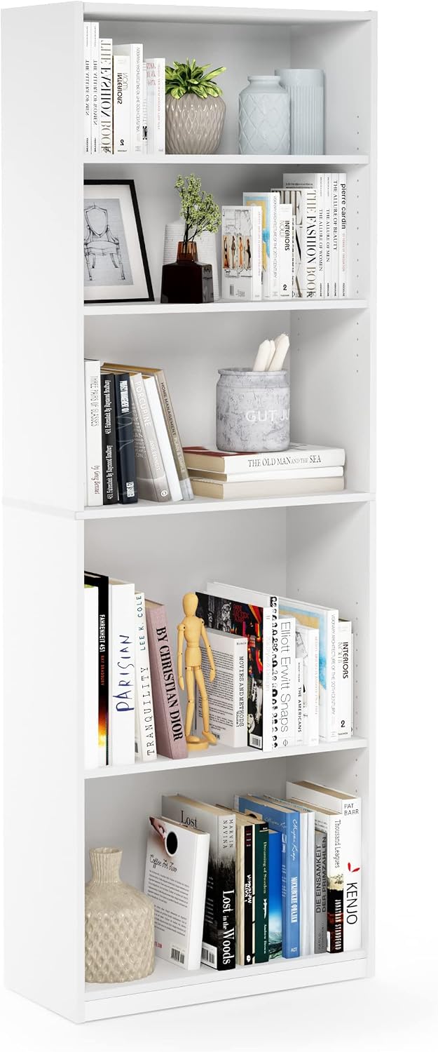 Jaya 5-Tier Book Shelf with Adjustable Shelves, Plain White