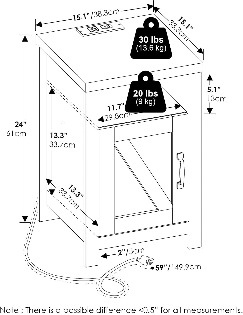 Farmhouse Night Stand with Charging Station, Bedside Table, Side Table, End Table with Door, USB Ports and Outlets, for Bedroom, Closet, Dorm, Amber Oak