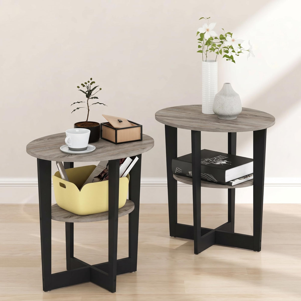 TIDUR Set of 2 2-Tier Oval Night Stand, White