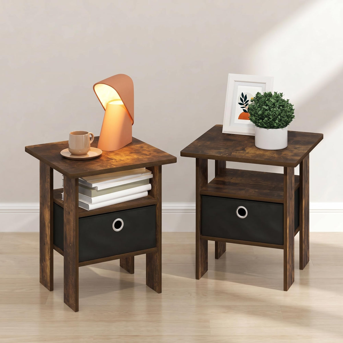 ANDREY Set of 2 Square 2-Tier Side Table, End Table, French Oak