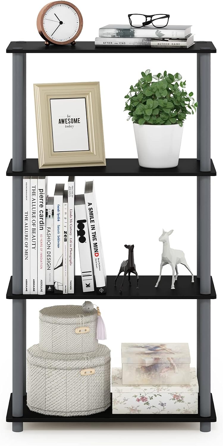TURN-N-TUBE Storage Shelves, 4-Tier Toolless Book Shelf, Corner Shelf, Toolless Open Shelves, for Organization and Storage, Living Room, Garage, Home Office, Black
