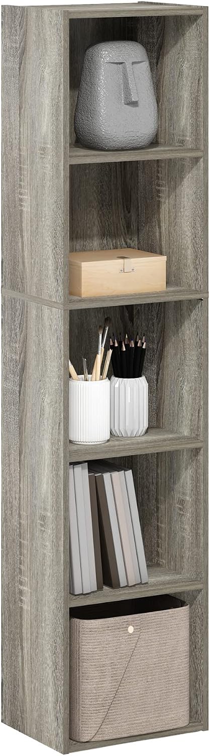PASIR Book Shelf, 5-Tier Tall Narrow Bookshelf, Open Shelves Bookcase, 9 x 12 x 52, Easy Assembly, for Living Room, Bedroom, Home Office, French Oak