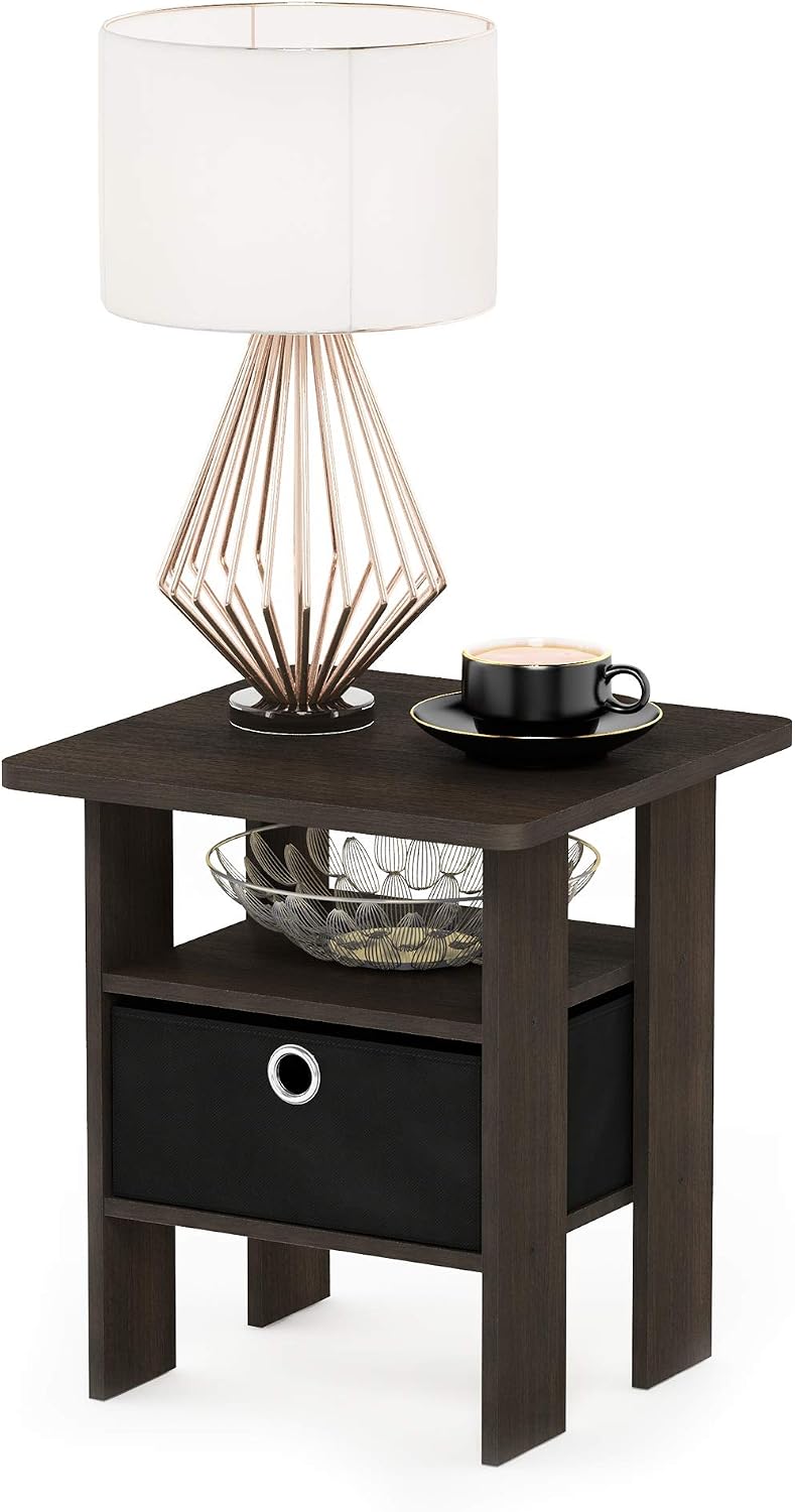 Andrey Set of 2 End Table / Side Table / Night Stand / Bedside Table with Bin Drawer, Dark Brown/Black