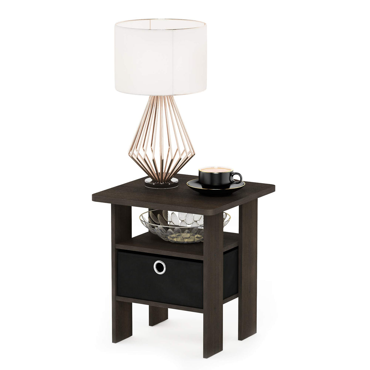 Andrey Set of 2 End Table / Side Table / Night Stand / Bedside Table with Bin Drawer, Columbia Walnut/Dark Brown