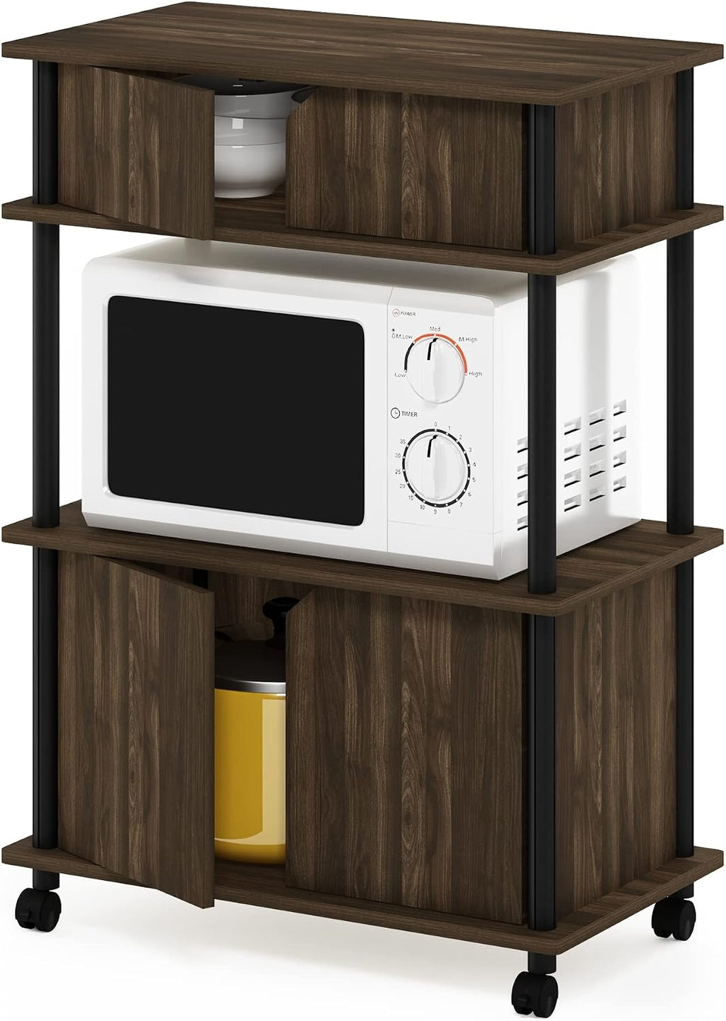 Turn-N-Tube Kitchen Storage Cart with Cabinet and Lockable Wheels, Columbia Walnut/Black