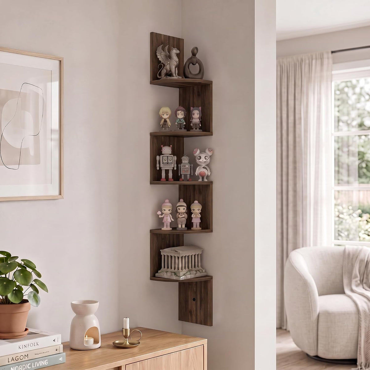Rossi 5-Tier Floating Corner Shelf for Wall, Corner Zigzag Shelf Wall Mounted, Radial Wall Mount Shelves, for Home Office, Living Room, Bedroom, Bathroom, Columbia Walnut