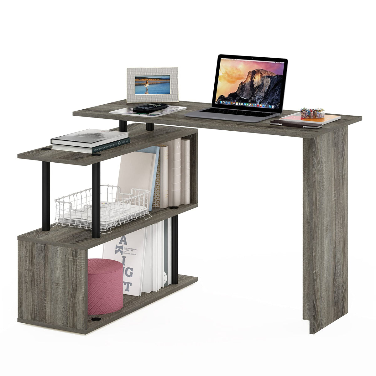 Abbott L-Shape Computer Desk with Bookshelf, Espresso/Black