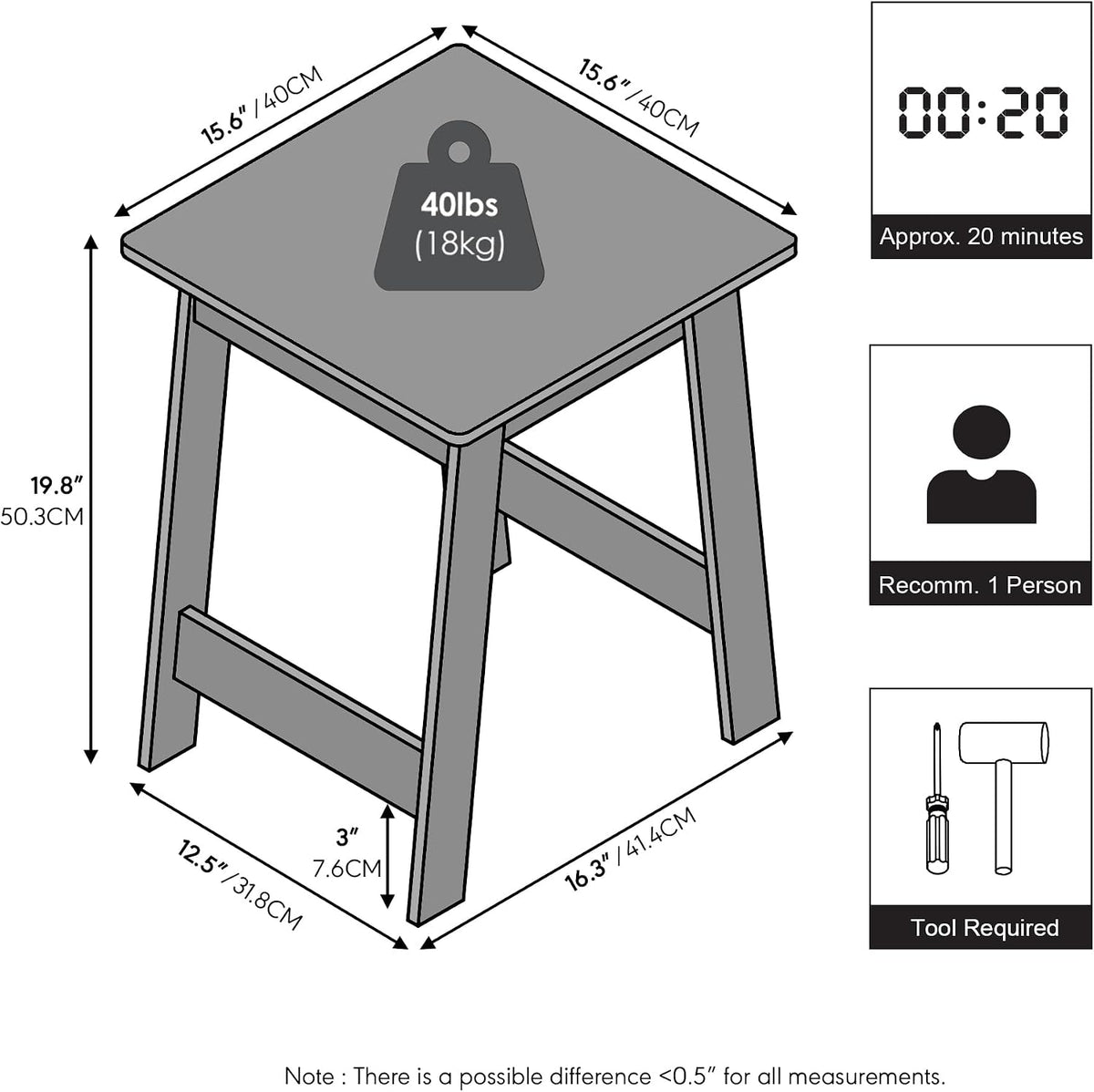 Beginning Night Stand, Square Nightstand, Wood Bedside Table with H-Legs, Side Table, End Table, Easy Assembly, for Bedroom, Closet, Dorm, Espresso