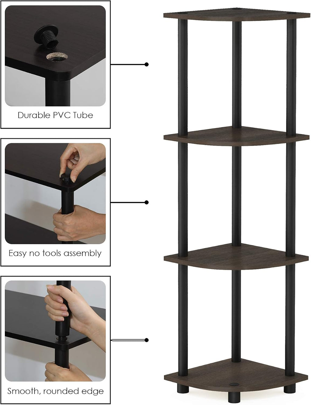 TURN-N-TUBE Corner Shelf, 4-Tier Corner Bookshelf, Display Storage Shelves with Open Shelves, for Organization and Storage, Living Room, Home Office, Garage, Dark Brown Grain