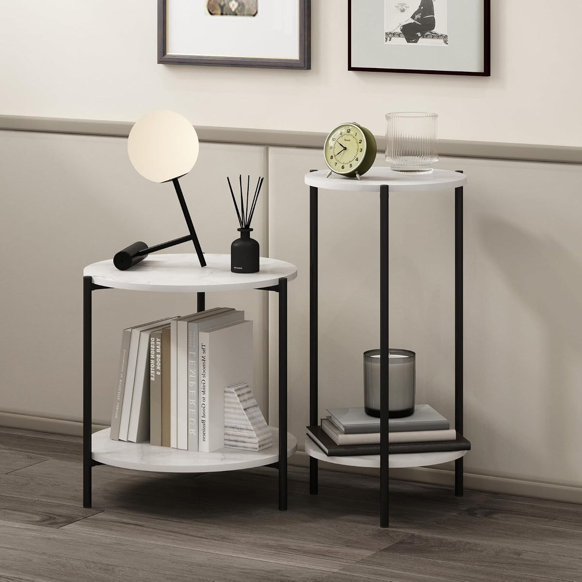 Besi 2-Tier Modern Round Side End Table with Sturdy Metal Legs, 15.55 (W) x 10.58 (H) x 5.46 (D) inches, Marble White