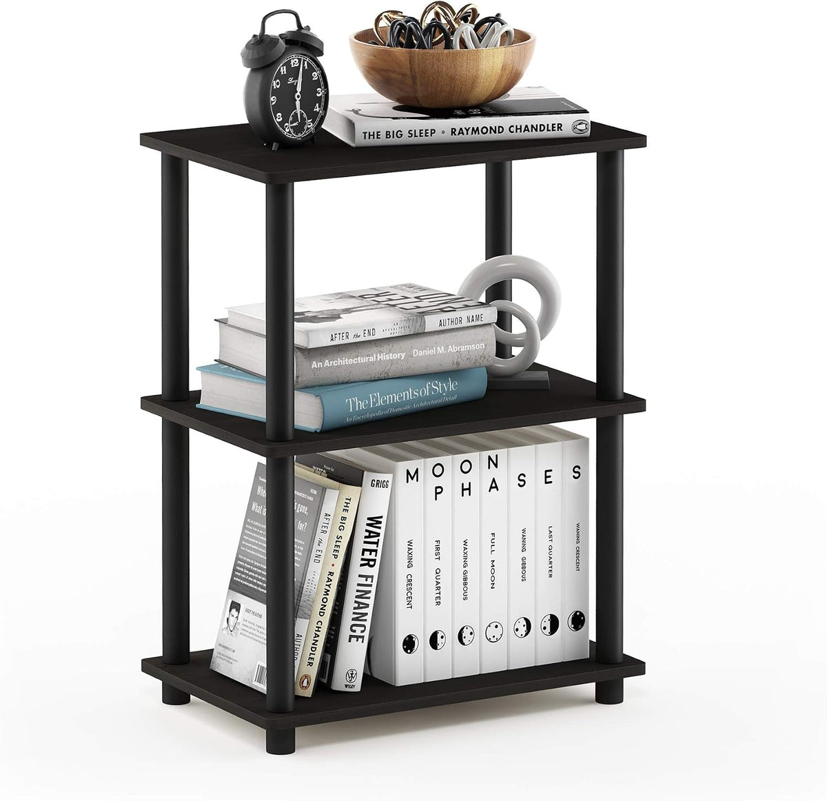 Turn-N-Tube Toolless Assembly 3-Tier Black Book Shelf, Corner Shelf, Open Shelves, for Organization and Storage, Living Room, Garage, Home Office, Black Espresso