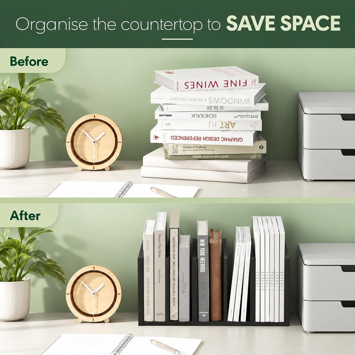 HERMITE Desk File Folder Organizers, 5-Space Vertical Desktop Office Organization Racks, Desk Top Display Book Shelf, for Paper, Office Supplies, Magazine, Espresso