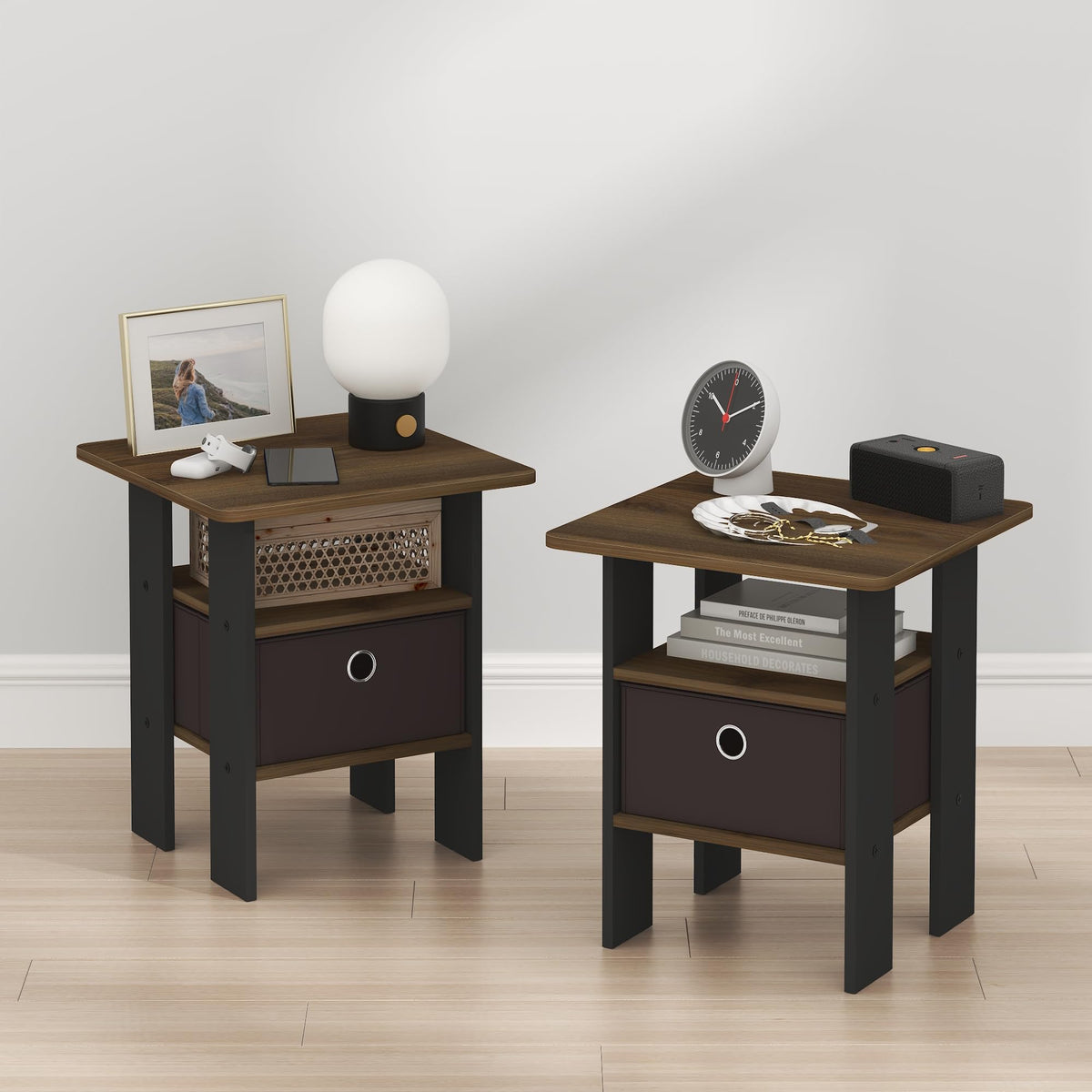 ANDREY Set of 2 Square 2-Tier Side Table, End Table, French Oak