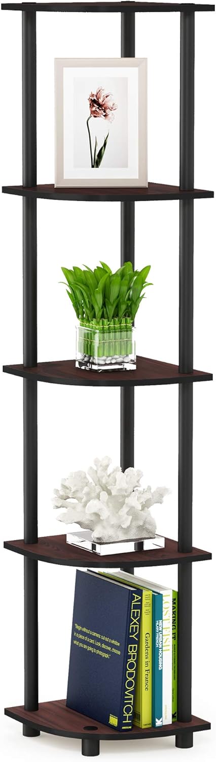 Turn-N-Tube Toolless Assembly Corner Shelf, 5-Tier Brown Corner Bookshelf, Open Storage Shelves, for Organization and Storage, Living Room, Home Office, Bedroom, Cherry Oak