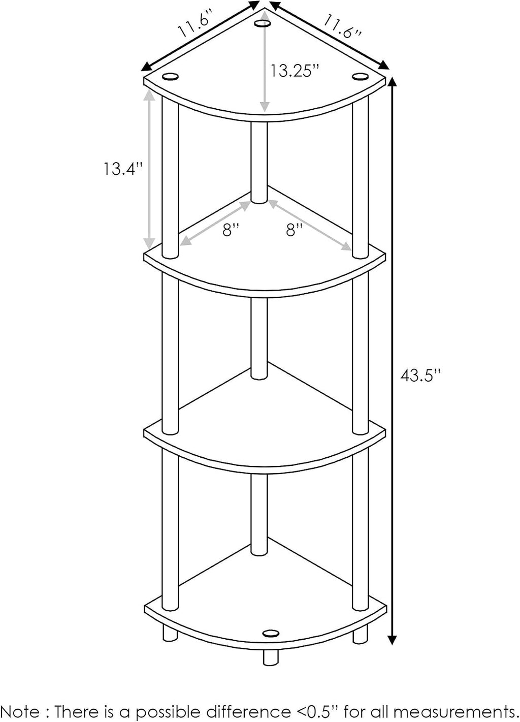 TURN-N-TUBE Corner Shelf, 4-Tier Corner Bookshelf, Display Storage Shelves with Open Shelves, for Organization and Storage, Living Room, Home Office, Garage, Dark Brown Grain