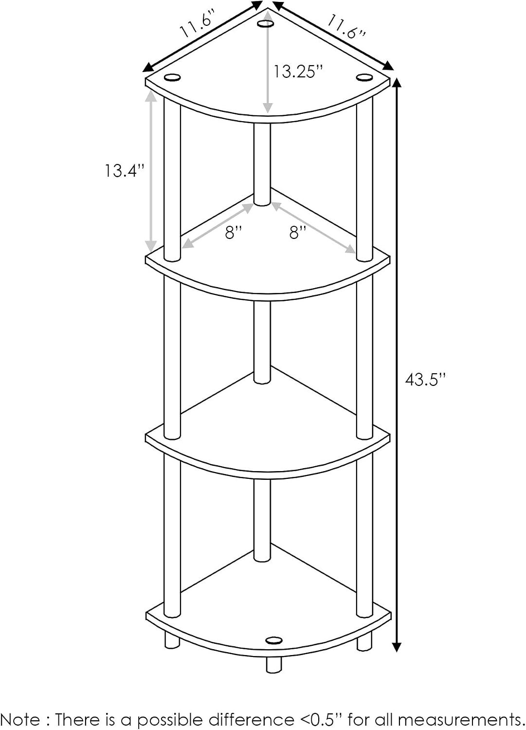 Turn-N-Tube Corner Shelf, 4-Tier Corner Bookshelf, Display Storage Shelves with Open Shelves, for Organization and Storage, Living Room, Home Office, Garage, Black