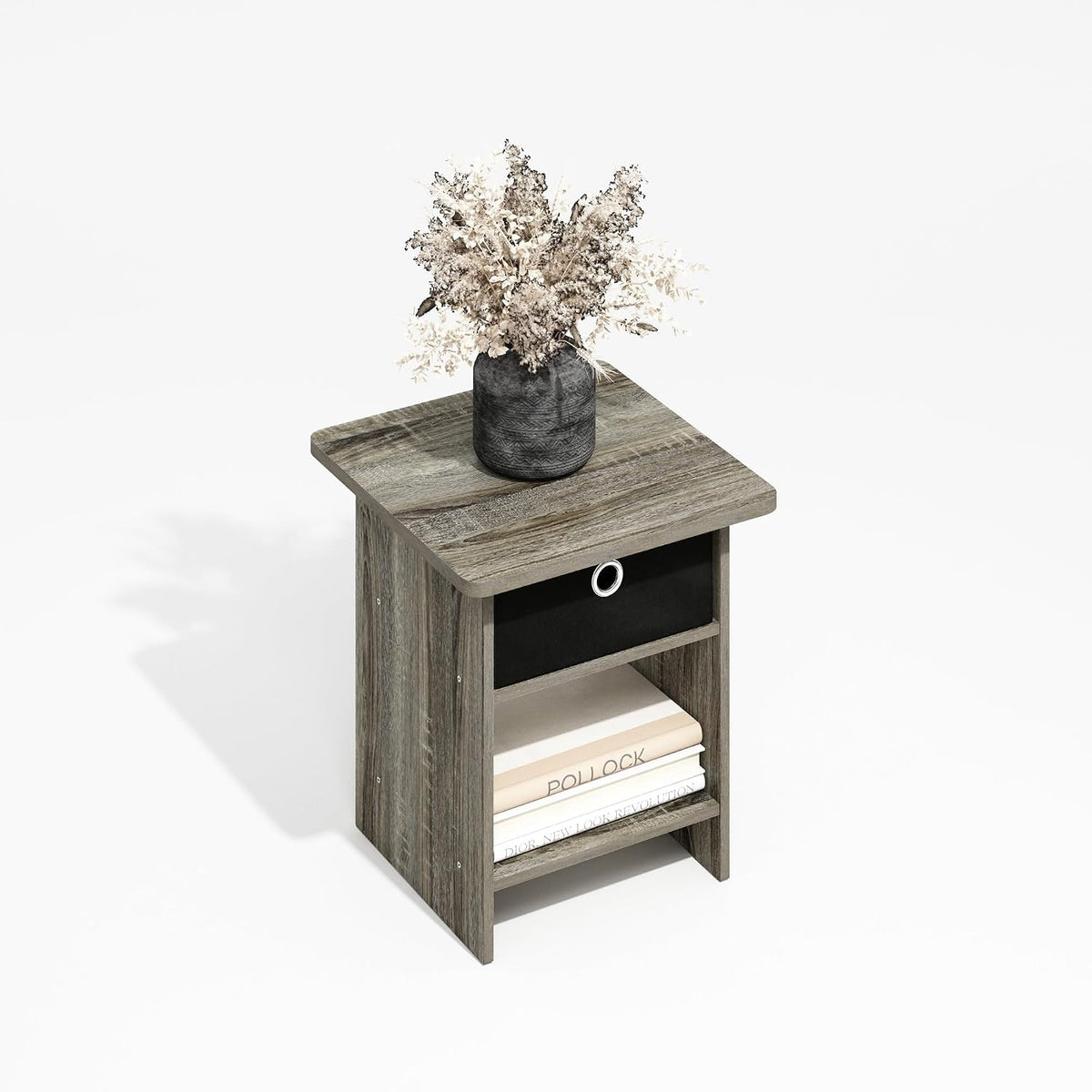 Dario Square Side Table with Storage Bin Drawer, Grey Oak