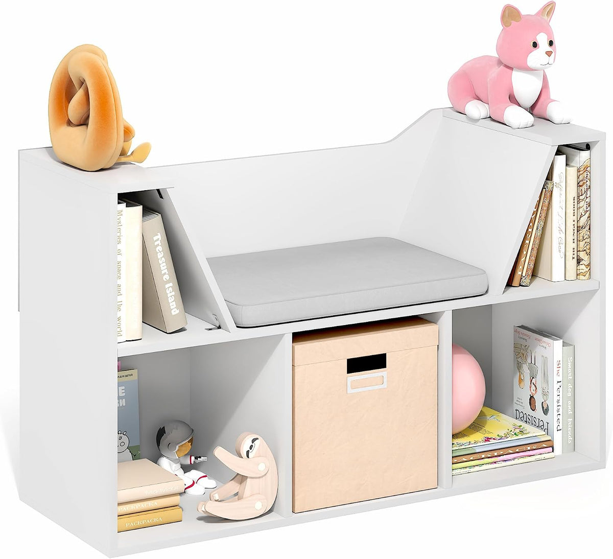 LOVA Book Shelf with Reading Nook, 5-Cube Bookshelf with 22.4" Wide Seat Cushion, Reading Nook, Organizers and Storage with Bench, for Bedroom, Living Room, White