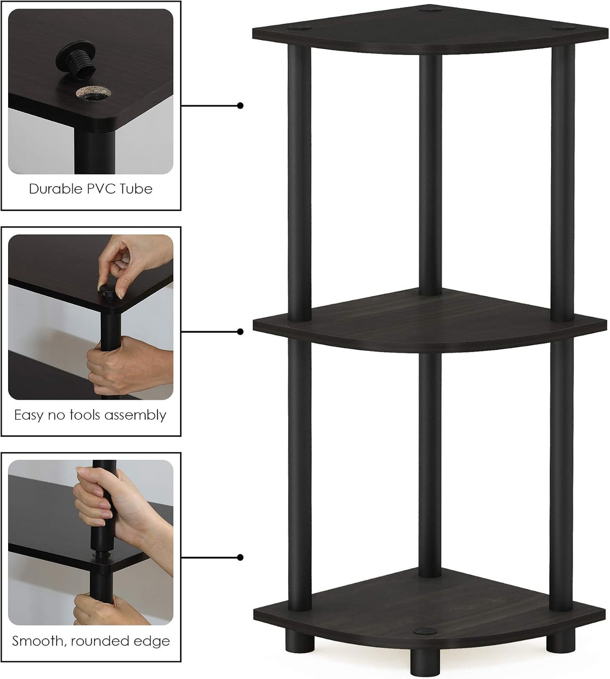 TURN-N-TUBE Corner Shelf, 3-Tier Corner Bookshelf, Display Storage Shelves with Open Shelves, for Organization and Storage, Living Room, Home Office, Garage, Espresso