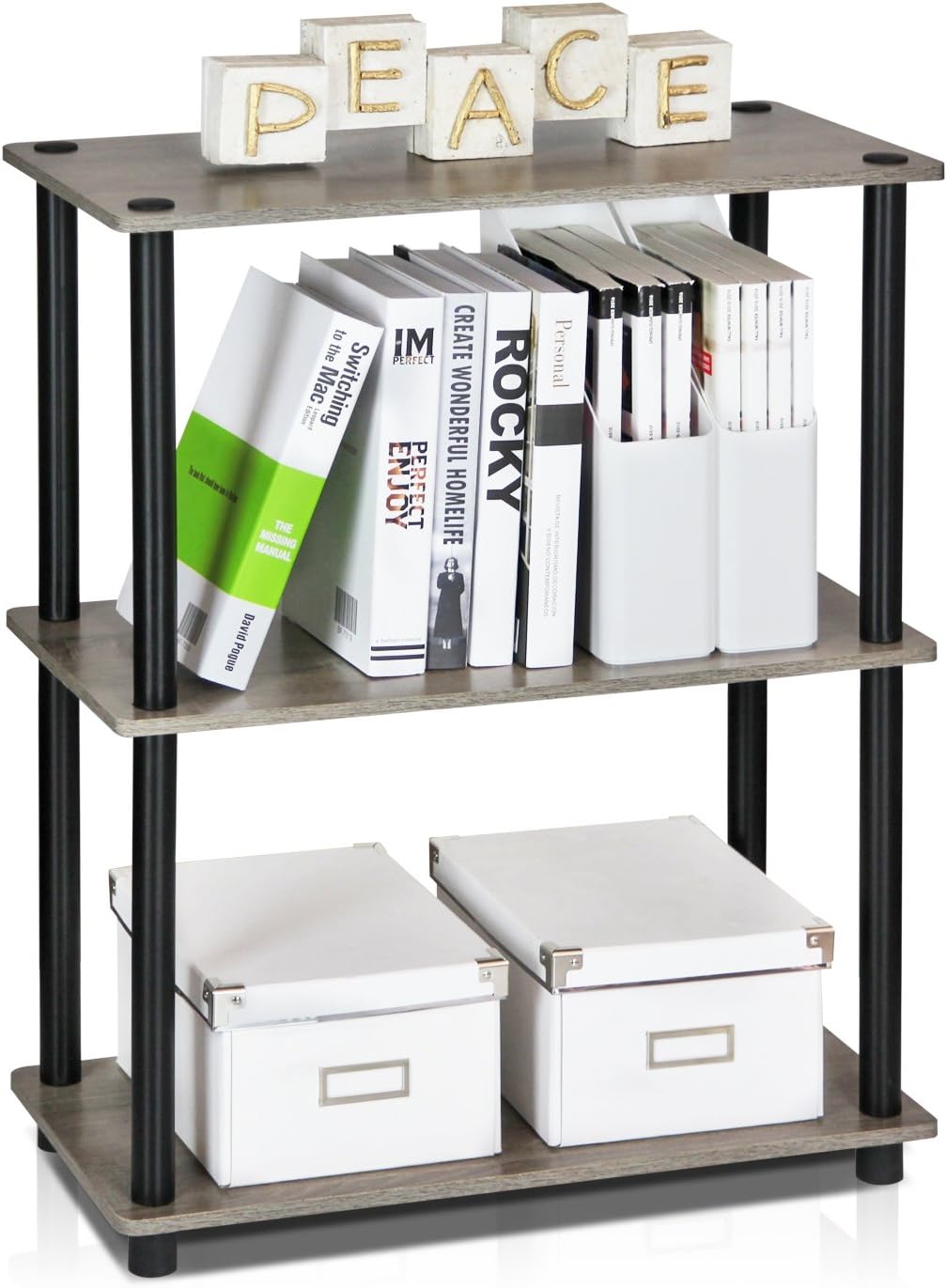 TURN-N-TUBE Storage Shelves, 3-Tier Book Shelf, Corner Shelf, Toolless Open Shelves, for Organization and Storage, Living Room, Garage, Home Office, French Oak