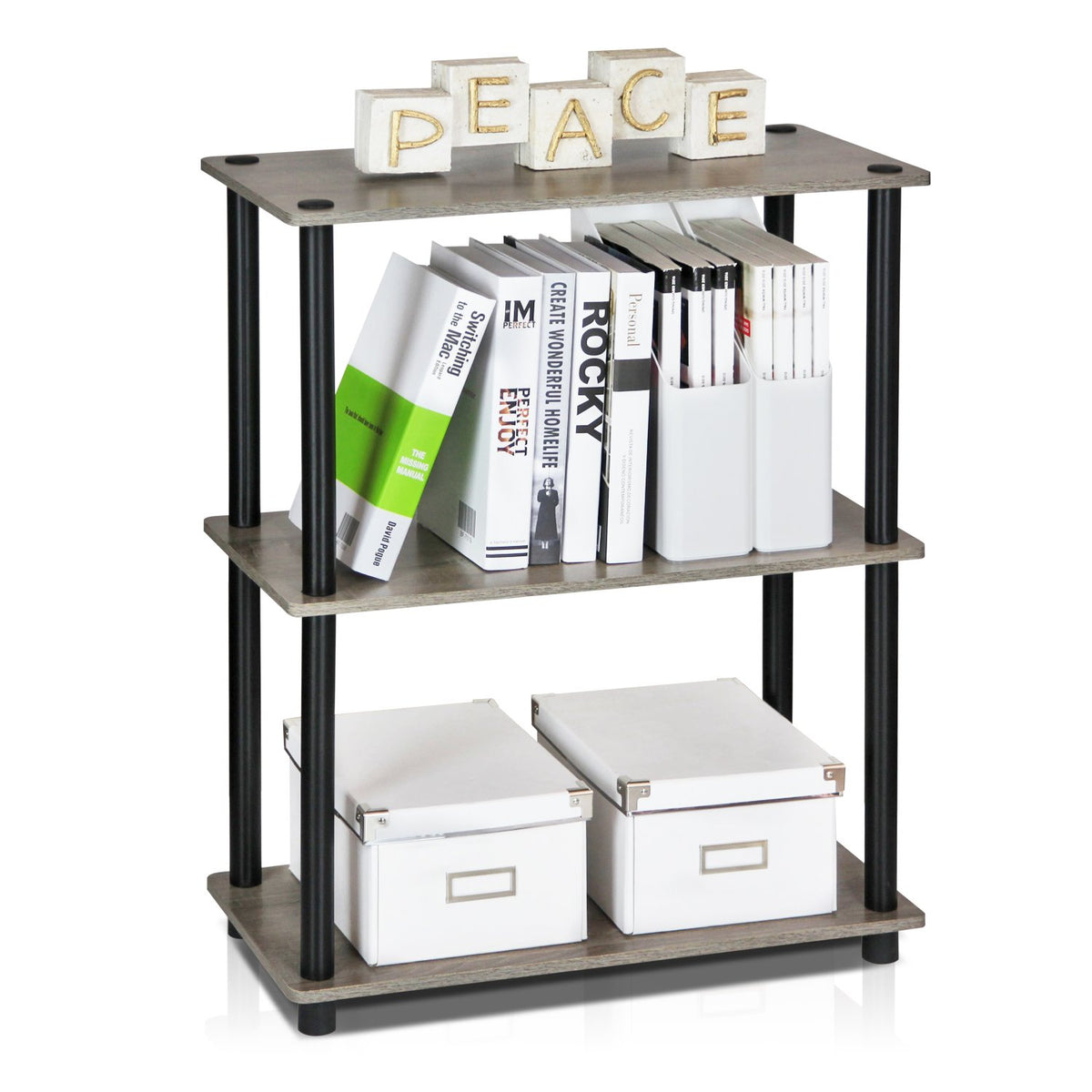99152BE/WH/IV 3-Tier Go Green Multipurpose Storage Rack Shelving Unit Bookshelf Cabinet with 2 Bins, Beech Finish