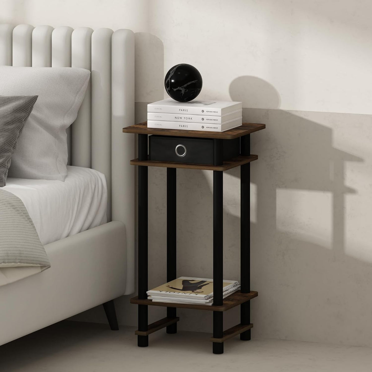 Turn-N-Tube Tall Nightstand with Bin, 1-Pack, Plastic Poles, Amber Pine/Black