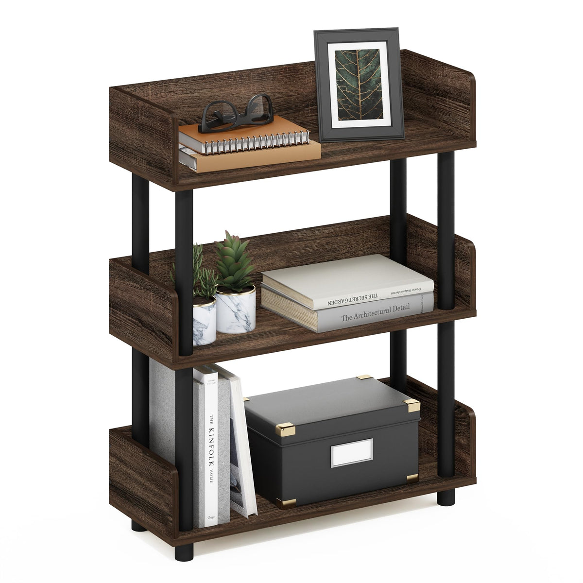 99152BE/WH/IV 3-Tier Go Green Multipurpose Storage Rack Shelving Unit Bookshelf Cabinet with 2 Bins, Beech Finish