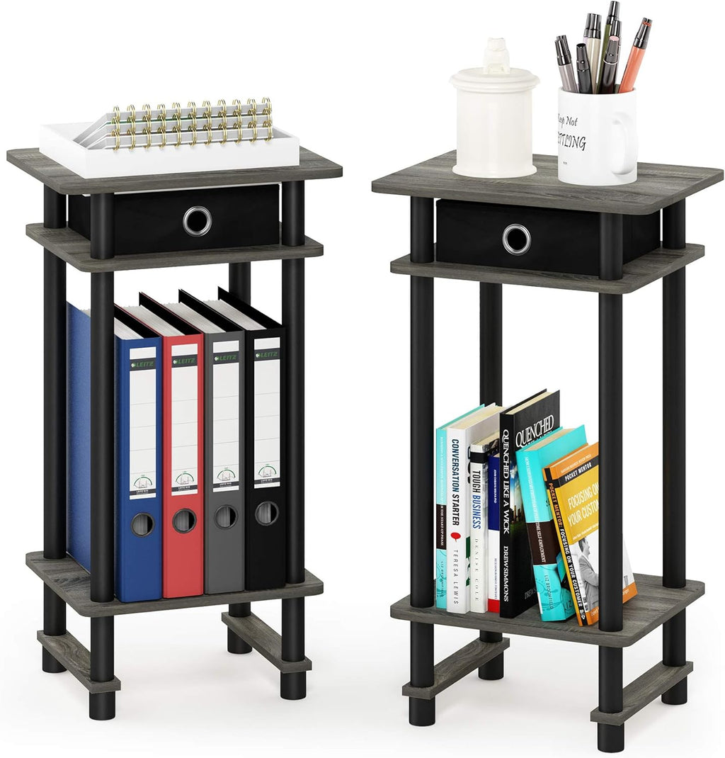 Turn-N-Tube Set of 2 Toolless 3-Tier Side Table, Grey Oak