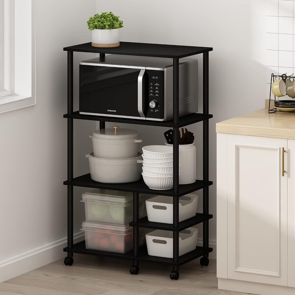 Turn-N-Tube 4-Tier Toolless Kitchen Storage Shelf Cart, Americano/Black