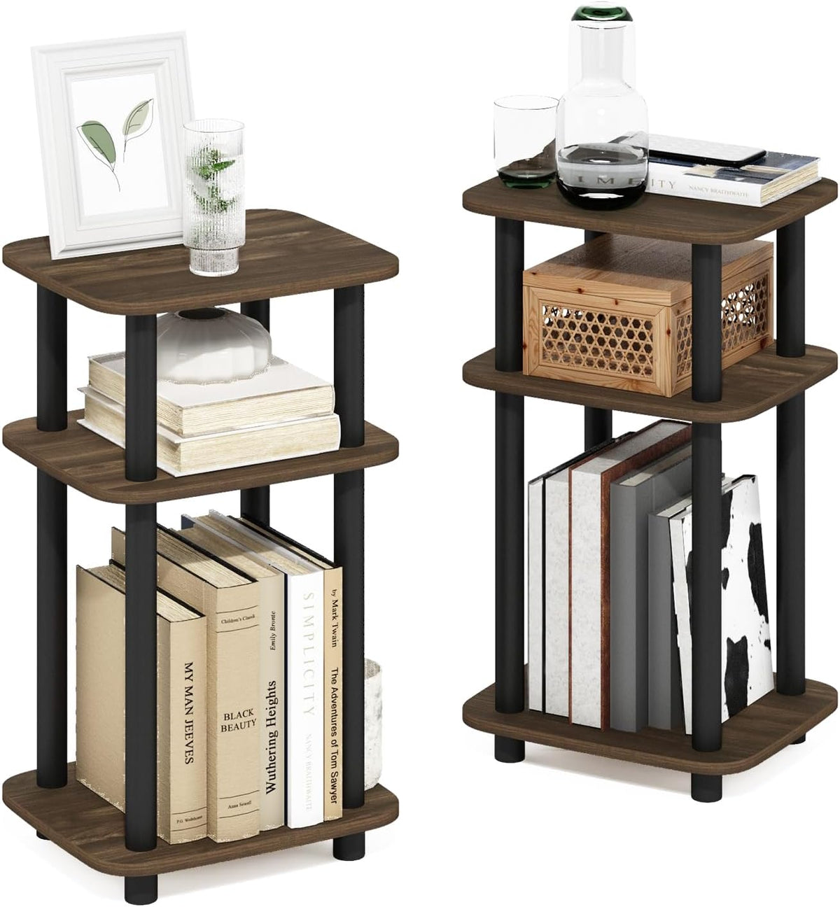 JUST 3-Tier Telephone Table Set of 2, Turn-N-Tube Toolless Side Table with Open Shelf, Round Curve Corner Night Stand, Bedside Table, for Living Room, Bedroom, Columbia Walnut