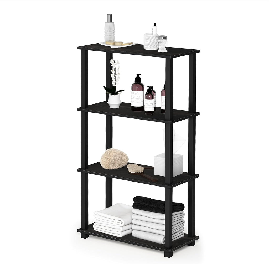 TURN-S-TUBE Storage Shelves, 4-Tier Book Shelf, Corner Shelf, Toolless Open Shelves, for Organization and Storage, Living Room, Garage, Home Office, Espresso